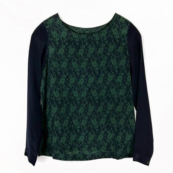 Club Monaco Pure Silk Boxy Floral Green Navy Long Sleeve Top Size XS ($119 MSRP) - Picture 4 of 4